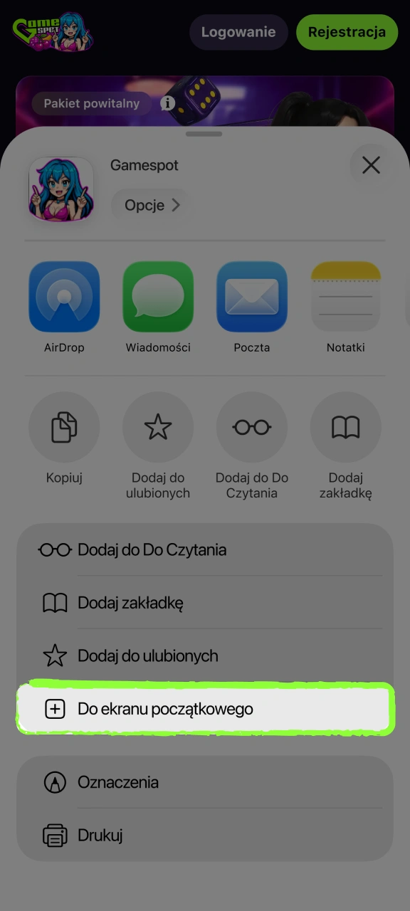 Utwórz skrót PWA i dodaj aplikację Gamespot do ekranu głównego.