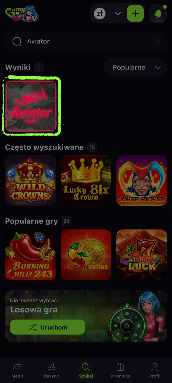 Przejdź do katalogu gier typu crash i otwórz grę Aviator w serwisie Gamespot.