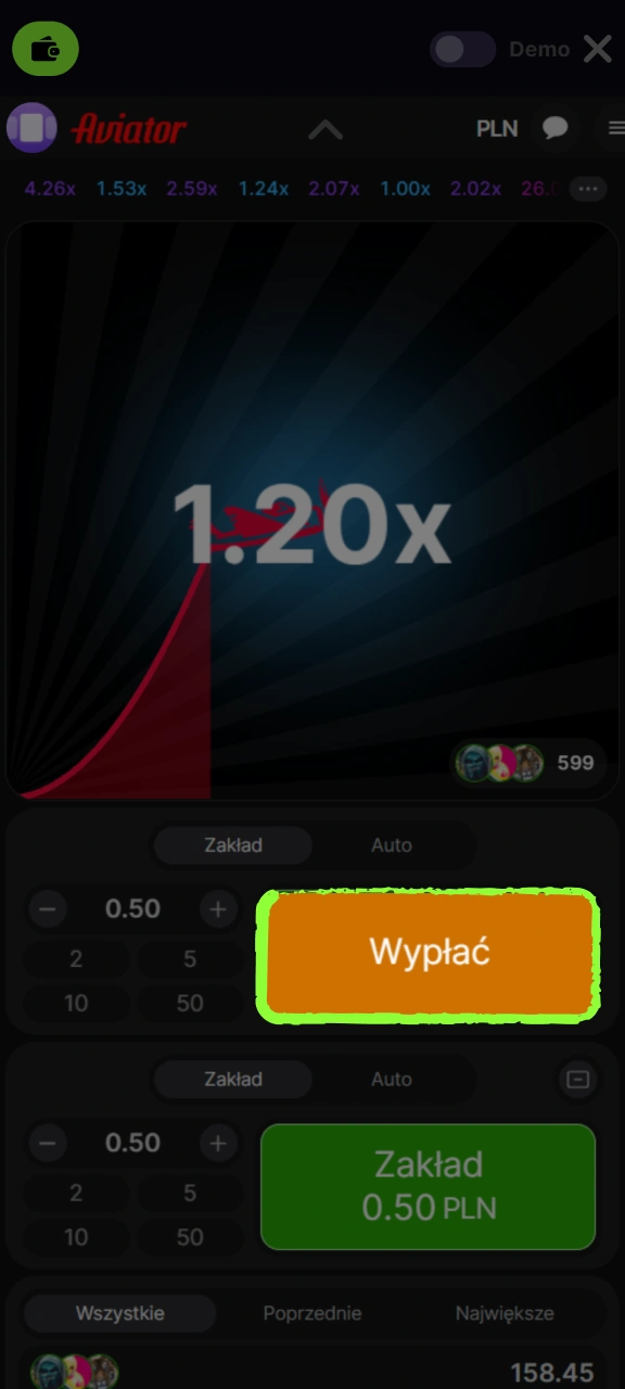 Kliknij przycisk Wypłać, aby wypłacić wygrane z gry Aviator w serwisie Gamespot.